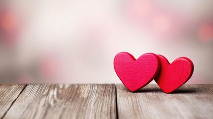 Valentines day background with two red hearts on wooden background 