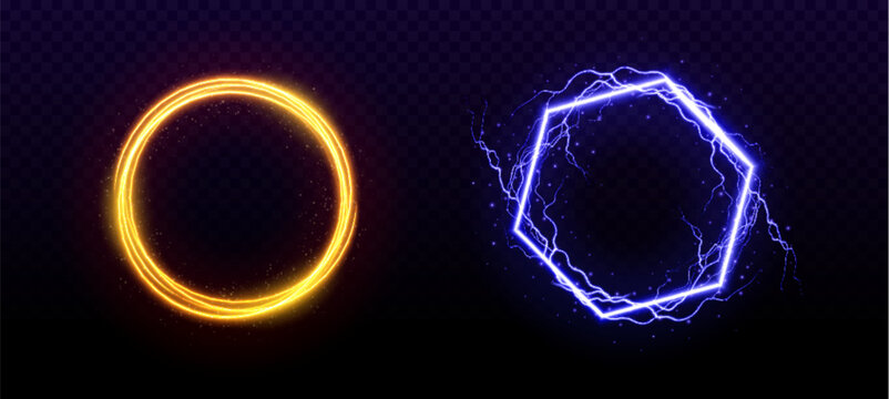 Magic portals set with lightning strike and shimmering effects. Vector realistic illustration of round and hexagonal orange and blue avatar frames decorated with sparkling particles, electric bolts