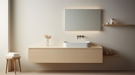 Fototapeta na wymiar Embrace simplicity in a minimalist bathroom with a wall-mounted faucet and discreet hidden storage.