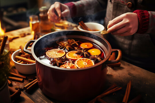 Woman cooking traditional mulled wine in pot with orange slices and spices close-up