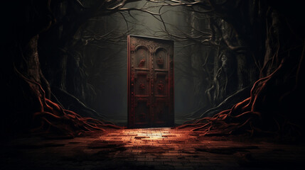 An open door in a dark and mysterious style - obrazy, fototapety, plakaty