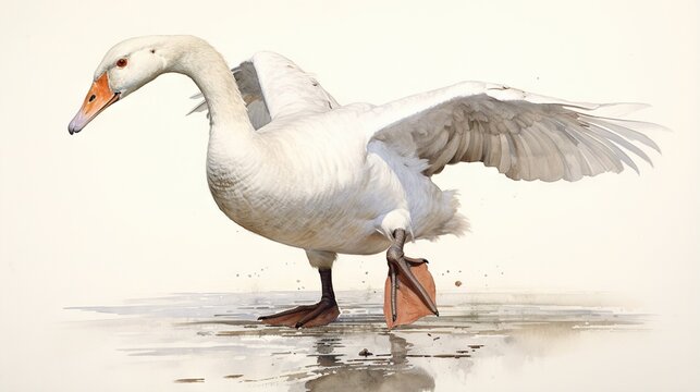  a white goose with its wings spread out standing in the water.  generative ai