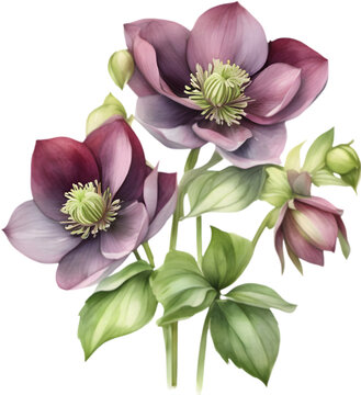 A close-up watercolor drawing of a bouquet of Hellebore flowers. AI-Generated.