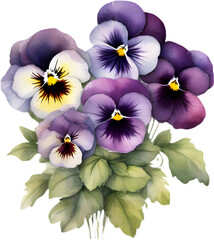 A close-up watercolor drawing of a bouquet of Pansy flowers. AI-Generated.