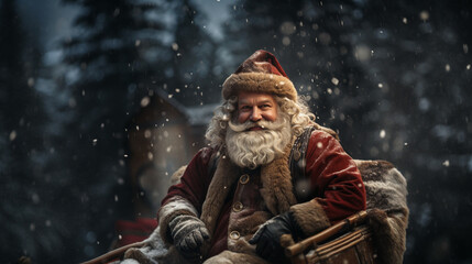 santa claus sitting in a sleigh at snow background - obrazy, fototapety, plakaty