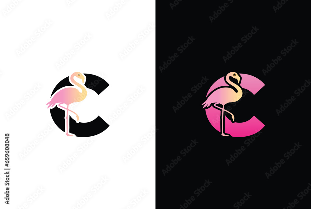 Fototapete Initial C Flamingo bird logo. Flamingo bird icon with letter C Logo design vector template.
