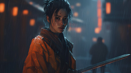 A young Asian woman holding a short sword in the middle of a dark rainy street at night