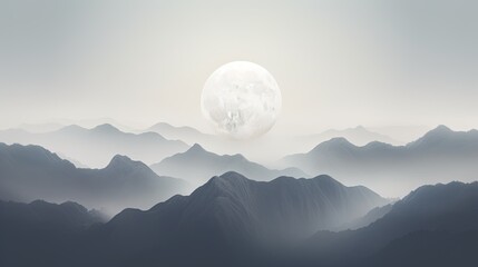  a full moon rising over a mountain range in a foggy sky.  generative ai - obrazy, fototapety, plakaty