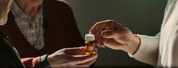 Presctiption pills and senior hands on a contrasty background. - obrazy, fototapety, plakaty