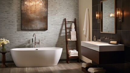 Envision a bathroom with a mosaic tile wall and a freestanding tub, creating a serene oasis for relaxation.
