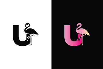 Initial U Flamingo bird logo. Flamingo bird icon with letter U Logo design vector template.