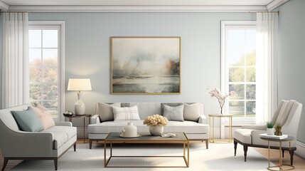  a living room filled with furniture and a painting on the wall.  generative ai