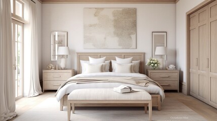 Fototapeta na wymiar Escape to a tranquil bedroom, painted in soft neutral tones, with textures layered to perfection, promising a peaceful night's sleep.
