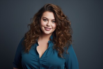 Fototapeta premium Portrait of an oversized attractive cheerful curly haired brown haired girl in a blue dress on a gray background.