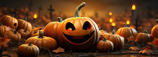 spooky, smiling halloween pumpkin, jack-o-lantern, and a lot of pumpkins around, 3D style