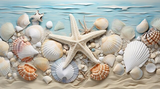  a painting of a starfish and seashells on a beach.  generative ai