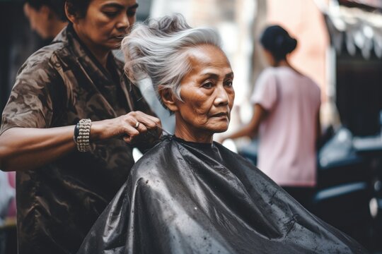 A woman sitting in a barber chair while a barber cuts her hair. This image can be used to illustrate hair salons, beauty treatments, or personal grooming.