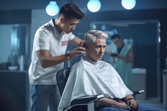 A picture of a man getting his hair cut by a barber. This image can be used to showcase barber services or for articles and blogs about grooming and personal care.