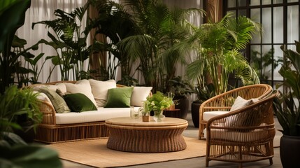 Fototapeta na wymiar Experience an indoor lounge with rattan furniture and green accents.