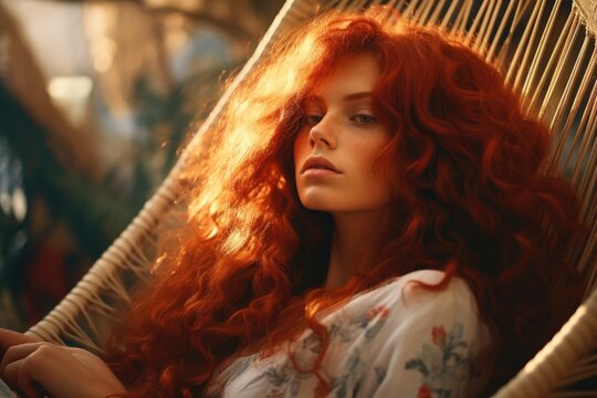 A woman with long red hair sitting in a chair. This image can be used to represent relaxation, beauty, or casual lifestyle.