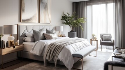 Experience the perfect blend of metallic accents and soft textiles in a thoughtfully designed bedroom.