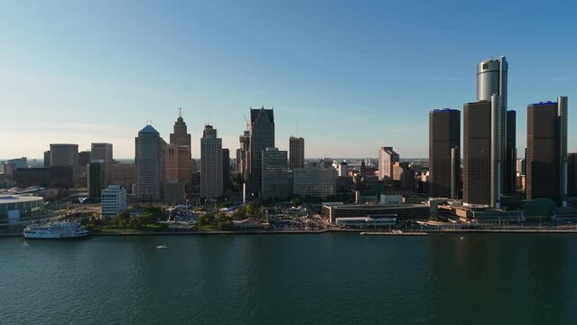 Downtown of Detroit, Michigan, United States. panoramic wide aerial shot of the city of Detroit. Central Business District and Detroit river. Aerial shot