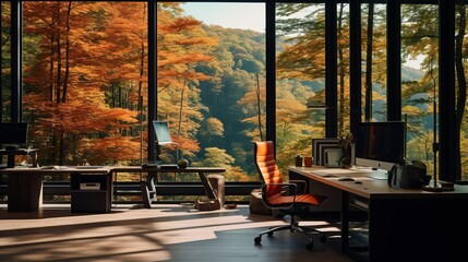Productive and relaxing office space with forest outside the window.