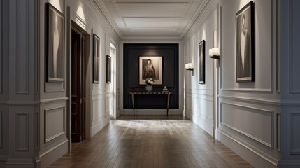 Explore a hallway with recessed alcoves for artwork. - obrazy, fototapety, plakaty