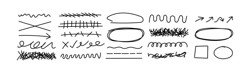 Pencil scribble line, emphasis arrow, hand-drawn highlight circle set. Marker doodle rough scratches. Curves, waves, stripes, squiggles in liner sketch style (Full Vector)