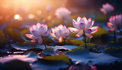Foto op Canvas a group of pink flowers on a lily pad © KWY
