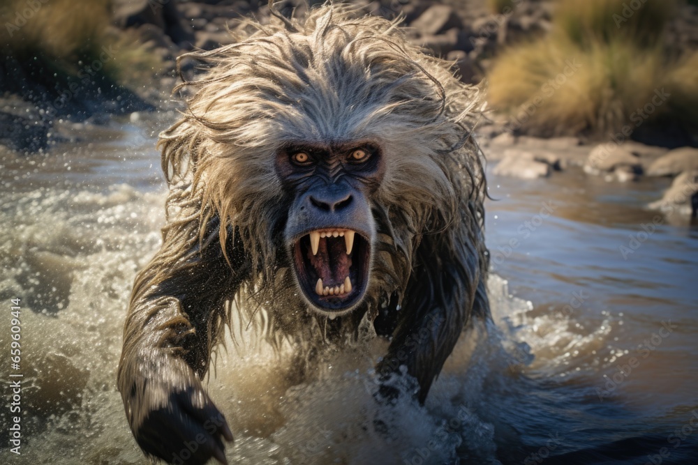 Poster a picture of a large furry animal running through a body of water. this image can be used to depict 
