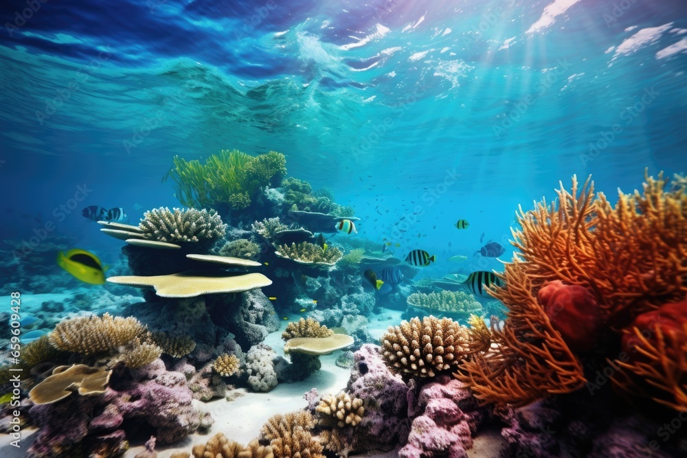 Aufkleber A vibrant coral reef teeming with a diverse array of colorful fish. Perfect for marine life enthusiasts and underwater photography.