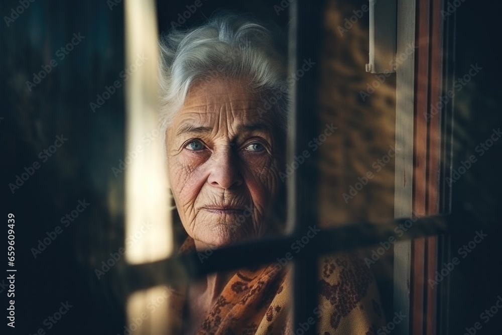 Poster an older woman is seen looking out of a window. this image can be used to depict concepts of reflect