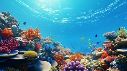 a coral reef with fish - obrazy, fototapety, plakaty