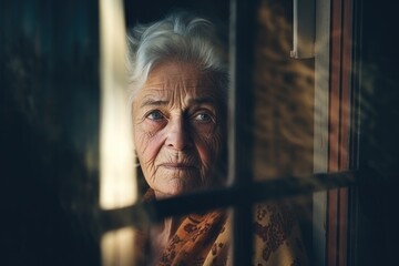 An older woman is seen looking out of a window. This image can be used to depict concepts of reflection, solitude, nostalgia, or contemplation. It is suitable for various projects such as articles, bl