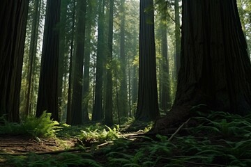 a forest with tall trees - obrazy, fototapety, plakaty