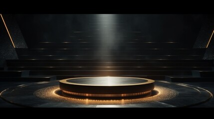 Fototapeta premium Mosaic podium on Dark composition with bright beams of light on a round stage