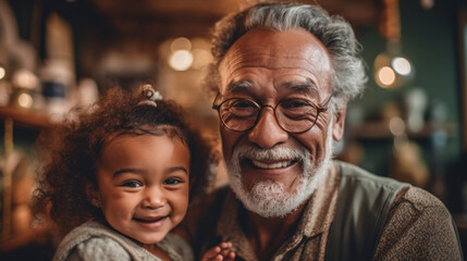 Portrait of happy grandfather holding his smiling granddaughter, family bonding moment - obrazy, fototapety, plakaty