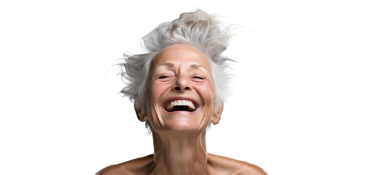 Portrait of a woman. The elderly woman smiles. Woman's face with well-groomed skin after anti-aging procedures on a light transparent background. PNG file. Generative artificial intelligence
