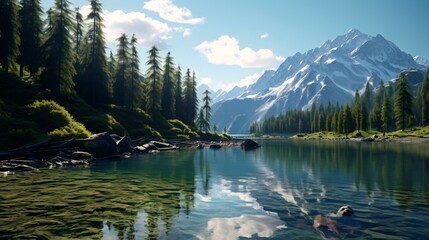 a lake with trees and mountains in the background