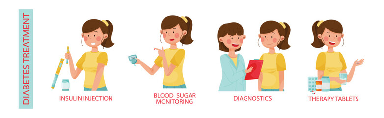 Young Woman Character Showing Measures Preventing Diabetes Vector Illustration Set