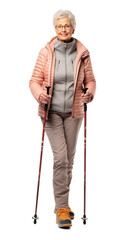 Silhouette of an elderly woman practicing Nordic Walking. Generative artificial intelligence