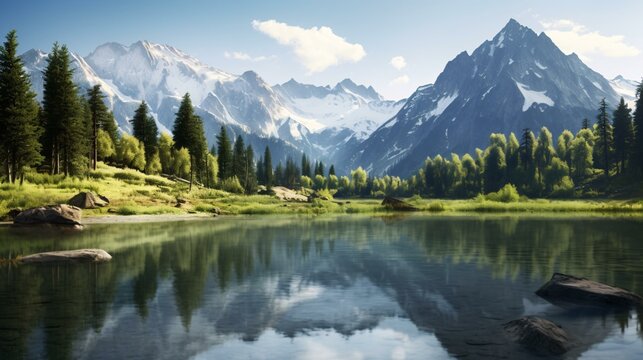 a lake with trees and mountains in the background