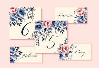 Vintage Wedding Table and Escort cards with blue and pink watercolor flowers. Vector template.