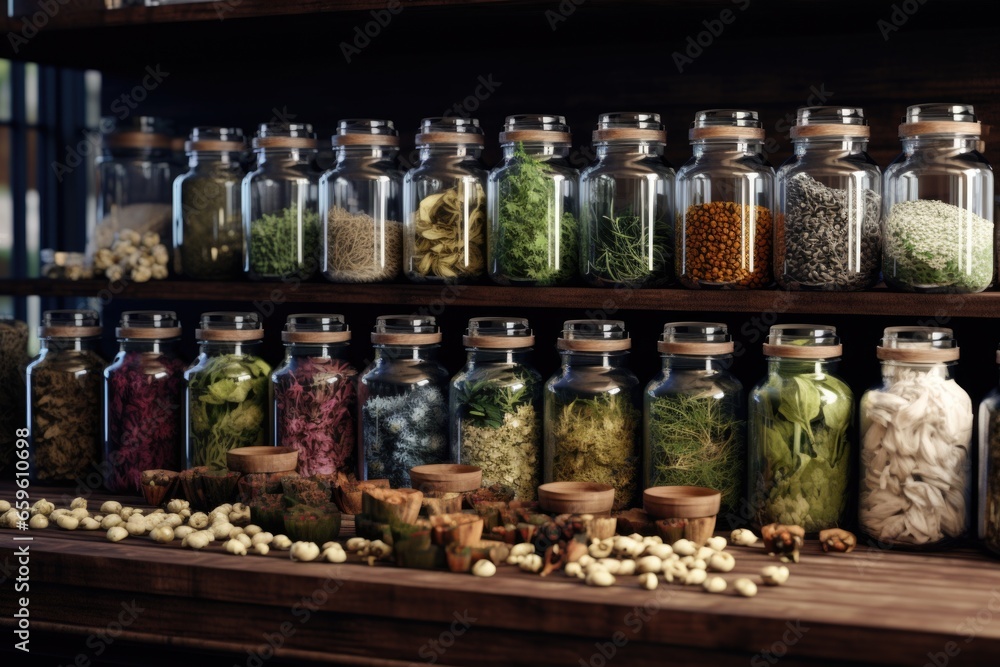 Poster A variety of different types of food items are neatly arranged on a shelf. This image can be used to depict a well-stocked pantry or showcase the diversity of food options available.