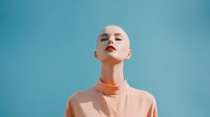 Beautiful young bald woman with a blue background.
