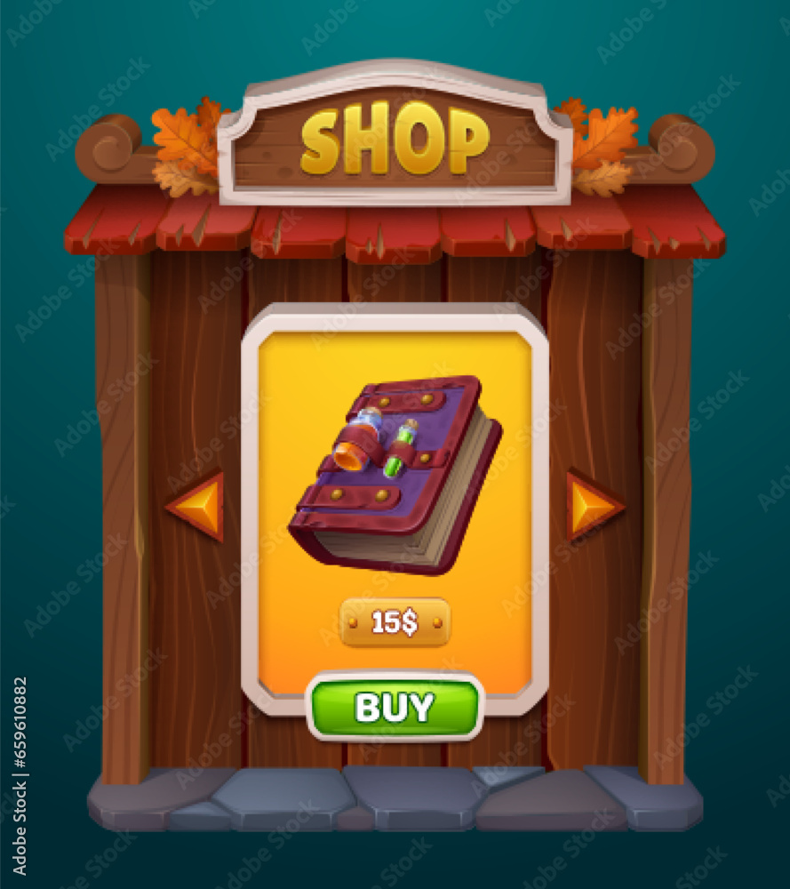 Poster autumn fantasy game shop ui interface wood frame background. gui buy button in fall store box for us