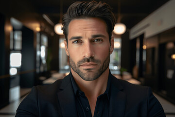 Businessman looking at camera, formal suit, in an office