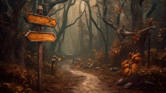 Signboard at the enty of dark fairytale village in Halloween style.