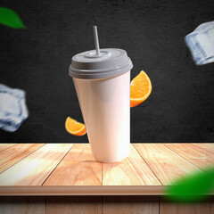 Realistic Soda Bottles Mockups on wooden table, Front view of white disposable paper cup with white insulated lid and straw, Soda Bottles for Brands.